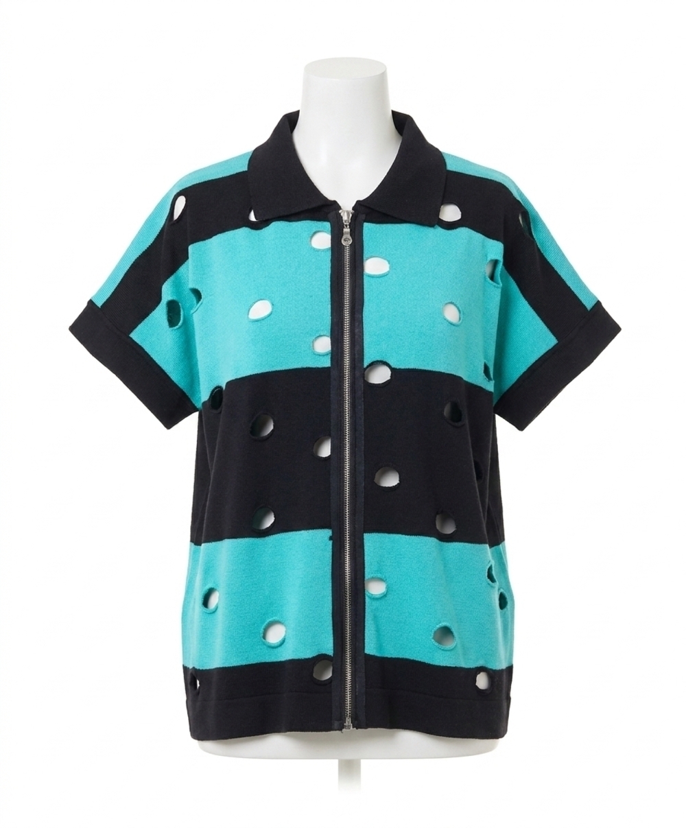 NEW ANGEL APPAREL stripe & cut out knit zip up top in black/mint